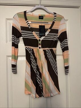 NWT OLIaN Sheer Women’s Striped Shirt in size XS-Brown, Green, White, and peach